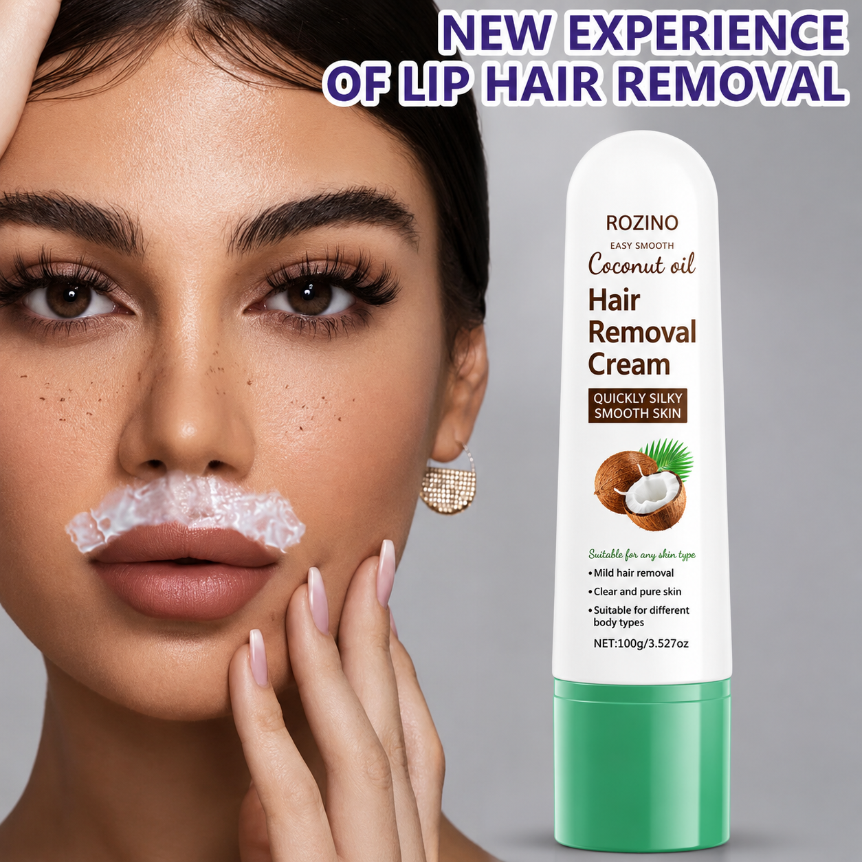Coconut Oil Hair Removal Cream | Gentle & Painless Depilatory for Face, Lips, Arms & Legs | 100g
