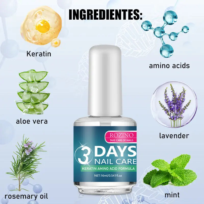 ROZINO 3-Day Nail Treatment | Keratin Amino Acid Formula | Quick-Dry, High-Shine & Scratch-Resistant | 16ml