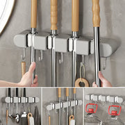 Wall-Mounted Mop & Broom Holder with Hooks – No-Drill, Space-Saving Cleaning Tool Organizer