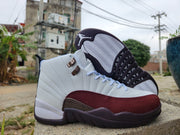 Jordan 12 White and Burgundy High-Top Sneakers