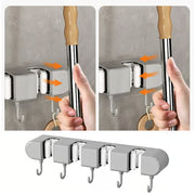 Wall-Mounted Mop & Broom Holder with Hooks – No-Drill, Space-Saving Cleaning Tool Organizer