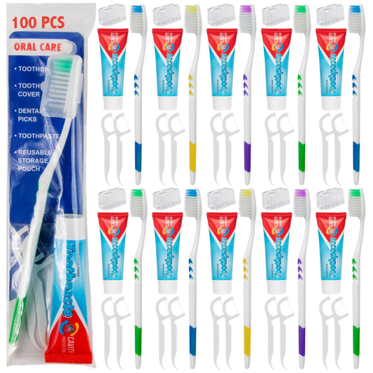 100 Pack 5 Piece Travel Size Oral Hygiene Dental Kits Containing Toothbrush, Toothpaste, Toothbrush Cover, Dental Floss Picks and Reusable Pouch Each for Homeless & Charity Donation