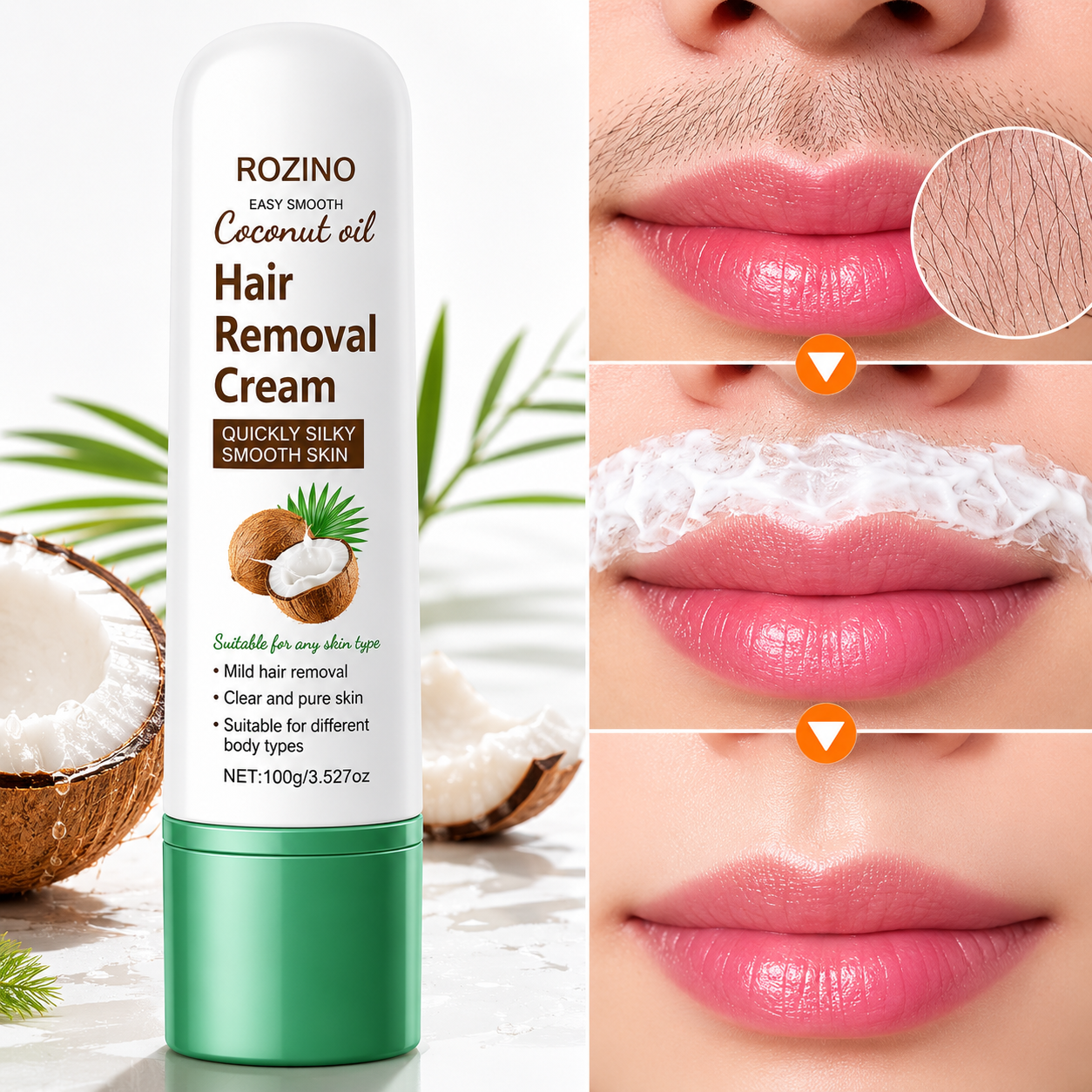 Coconut Oil Hair Removal Cream | Gentle & Painless Depilatory for Face, Lips, Arms & Legs | 100g