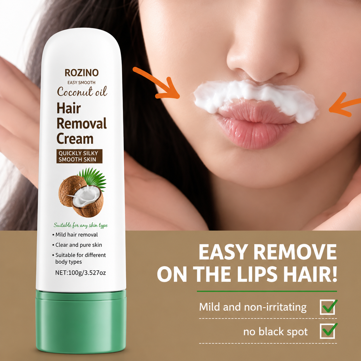 Coconut Oil Hair Removal Cream | Gentle & Painless Depilatory for Face, Lips, Arms & Legs | 100g
