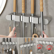 Wall-Mounted Mop & Broom Holder with Hooks – No-Drill, Space-Saving Cleaning Tool Organizer