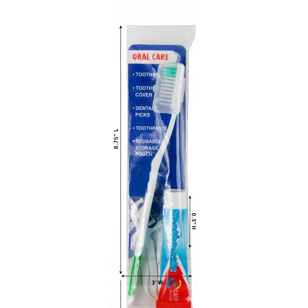 100 Pack 5 Piece Travel Size Oral Hygiene Dental Kits Containing Toothbrush, Toothpaste, Toothbrush Cover, Dental Floss Picks and Reusable Pouch Each for Homeless & Charity Donation